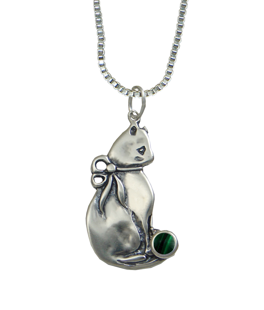 Sterling Silver Bowed Kitty Pendant With Malachite